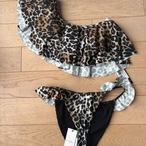 One-Shoulder Leopard Print Ruffle Bikini Set - Black/Brown